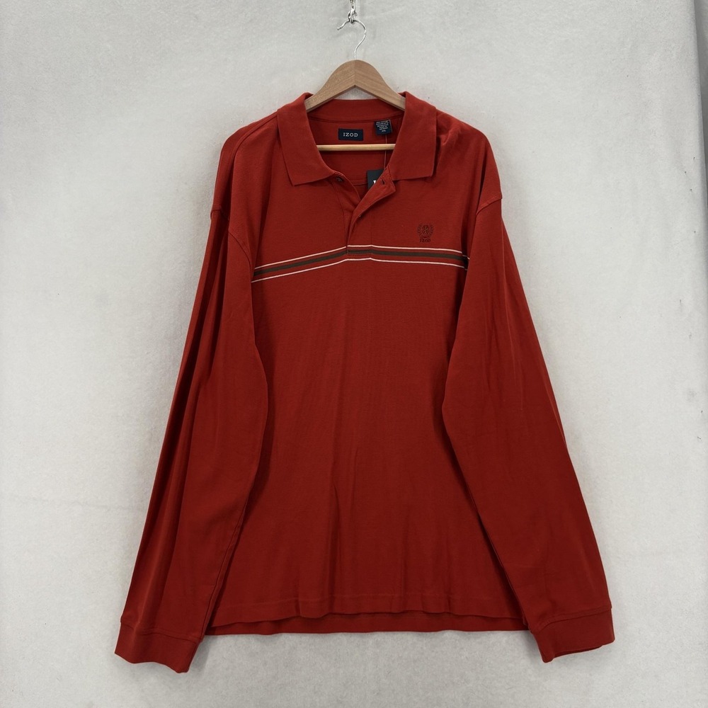 IZOD Polo Shirt Mens 2XL Orange Spice Stripe Long Sleeve Cotton Casual NWT